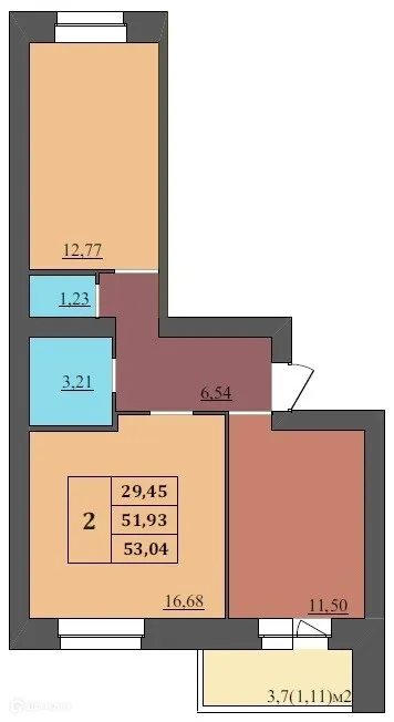 Планировка 2-комнатной квартиры 53.04 м² в ЖК МЕГАПОЛИС, г. Ярославль — фото 1