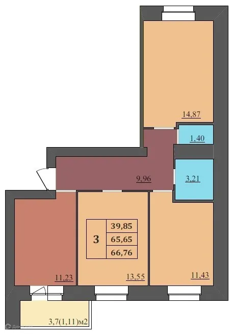 Планировка 3-комнатной квартиры 66.76 м² в ЖК МЕГАПОЛИС, г. Ярославль — фото 1