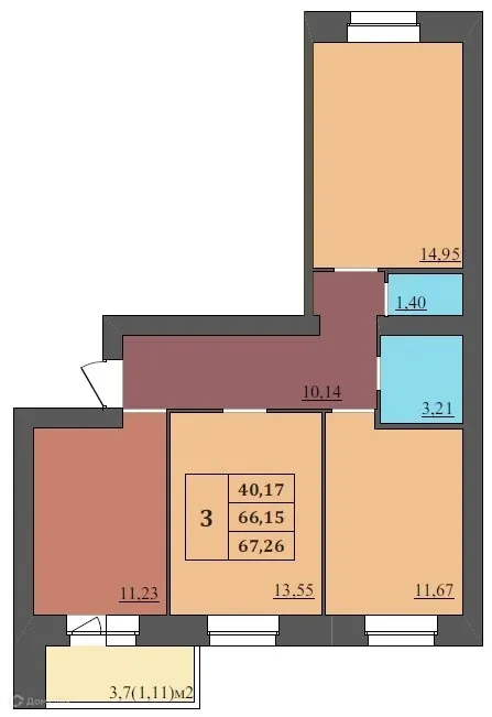 Планировка 3-комнатной квартиры 67.26 м² в ЖК МЕГАПОЛИС, г. Ярославль — фото 1