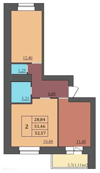 Планировка 2-комнатной квартиры 52.57 м² в ЖК МЕГАПОЛИС, г. Ярославль — фото 1