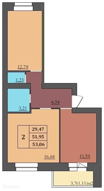 Планировка 2-комнатной квартиры 53.06 м² в ЖК МЕГАПОЛИС, г. Ярославль — фото 1