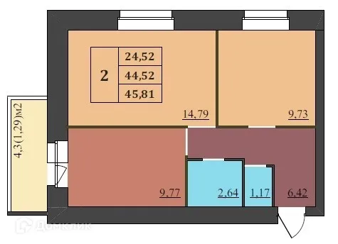Планировка 2-комнатной квартиры 45.81 м² в ЖК МЕГАПОЛИС, г. Ярославль — фото 1