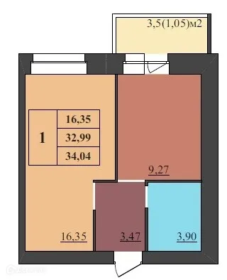 Планировка 1-комнатной квартиры 34.04 м² в ЖК МЕГАПОЛИС, г. Ярославль — фото 1