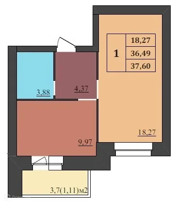 Планировка 1-комнатной квартиры 37.6 м² в ЖК МЕГАПОЛИС, г. Ярославль — фото 1