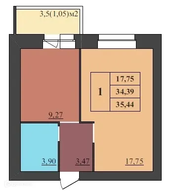 Планировка 1-комнатной квартиры 35.44 м² в ЖК МЕГАПОЛИС, г. Ярославль — фото 1