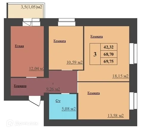 Планировка 3-комнатной квартиры 69.75 м² в ЖК МЕГАПОЛИС, г. Ярославль — фото 1