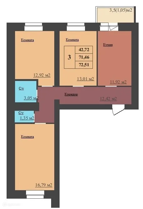 Планировка 3-комнатной квартиры 72.51 м² в ЖК МЕГАПОЛИС, г. Ярославль — фото 1