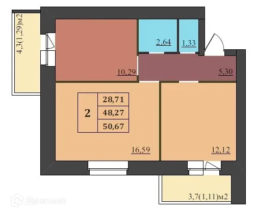 Планировка 2-комнатной квартиры 50.67 м² в ЖК МЕГАПОЛИС, г. Ярославль — фото 1