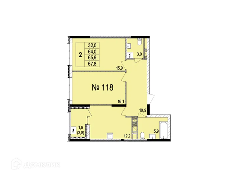 Планировка 2-комнатной квартиры 65.9 м² в ЖК Светлояр Сити, г. Ярославль — фото 1