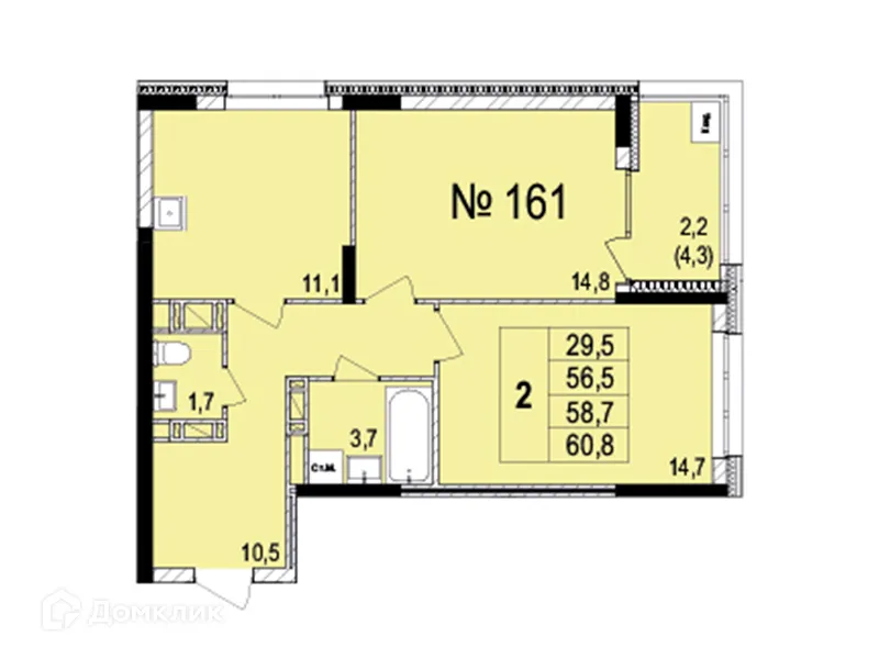 Планировка 2-комнатной квартиры 58.7 м² в ЖК Светлояр Сити, г. Ярославль — фото 1