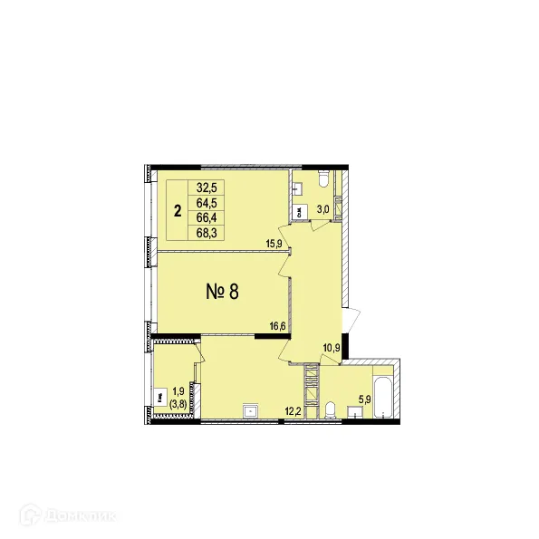 Планировка 2-комнатной квартиры 66.4 м² в ЖК Светлояр Сити, г. Ярославль — фото 1