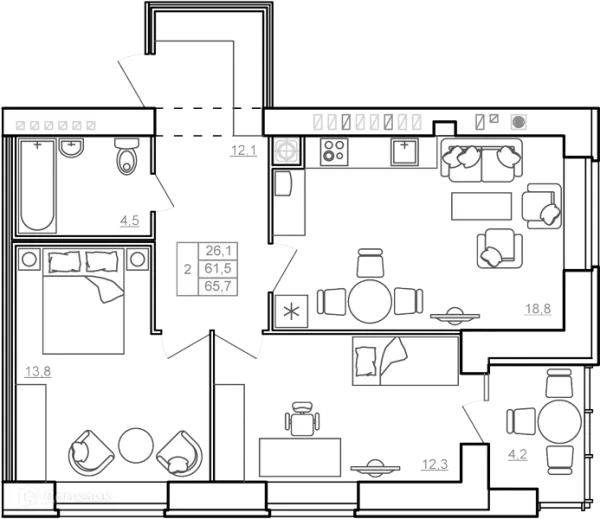 Планировка 2 комн. в ЖК "Пять звёзд"
