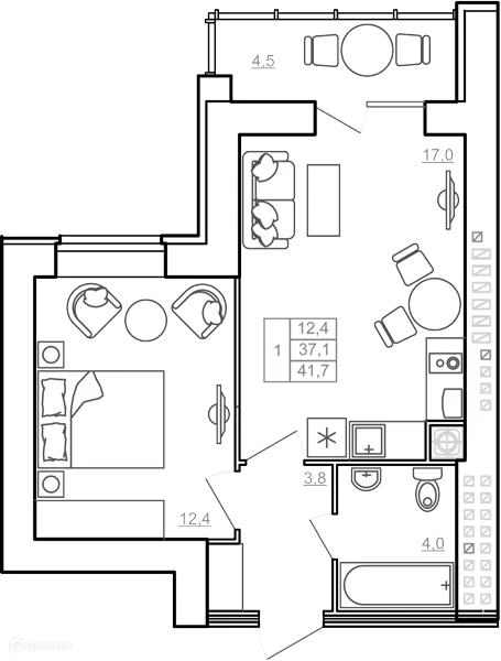 Планировка 1-комнатной квартиры 43.2 м² в ЖК "Пять звёзд", г. Ярославль — фото 1
