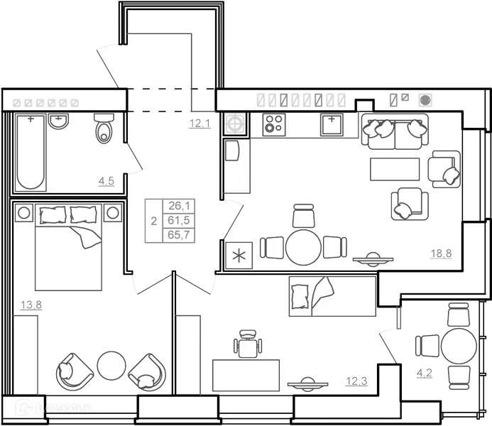 Планировка 2-комнатной квартиры 67.6 м² в ЖК "Пять звёзд", г. Ярославль — фото 1