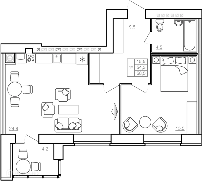 Планировка 1-комнатной квартиры 59.1 м² в ЖК "Пять звёзд", г. Ярославль — фото 1