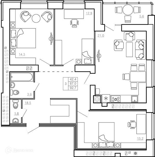 Планировка 3-комнатной квартиры 95.2 м² в ЖК "Пять звёзд", г. Ярославль — фото 1