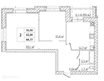 Планировка 2-комнатной квартиры 64.35 м² в ЖК БЕРЕЗКИ 3, г. Ярославль — фото 1