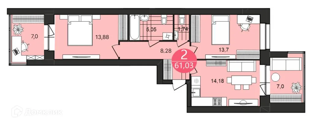 Планировка 2-комнатной квартиры 61.03 м² в ЖК Боровики, г. Ярославль — фото 1