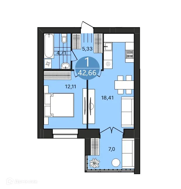 Планировка 1-комнатной квартиры 42.66 м² в ЖК Боровики, г. Ярославль — фото 1