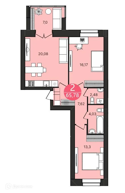 Планировка 2-комнатной квартиры 65.78 м² в ЖК Боровики, г. Ярославль — фото 1