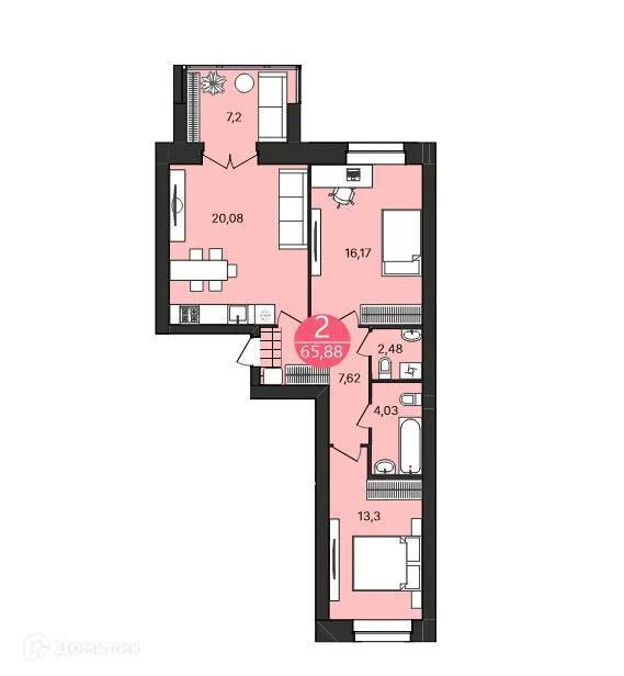 Планировка 2-комнатной квартиры 65.88 м² в ЖК Боровики, г. Ярославль — фото 1