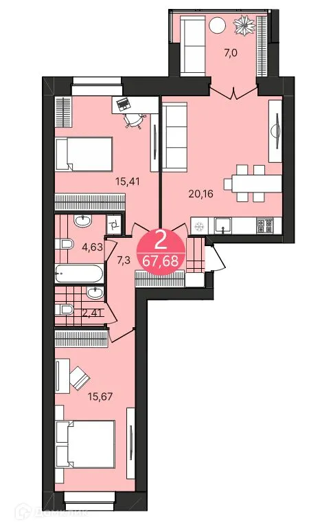 Планировка 2-комнатной квартиры 67.78 м² в ЖК Боровики, г. Ярославль — фото 1