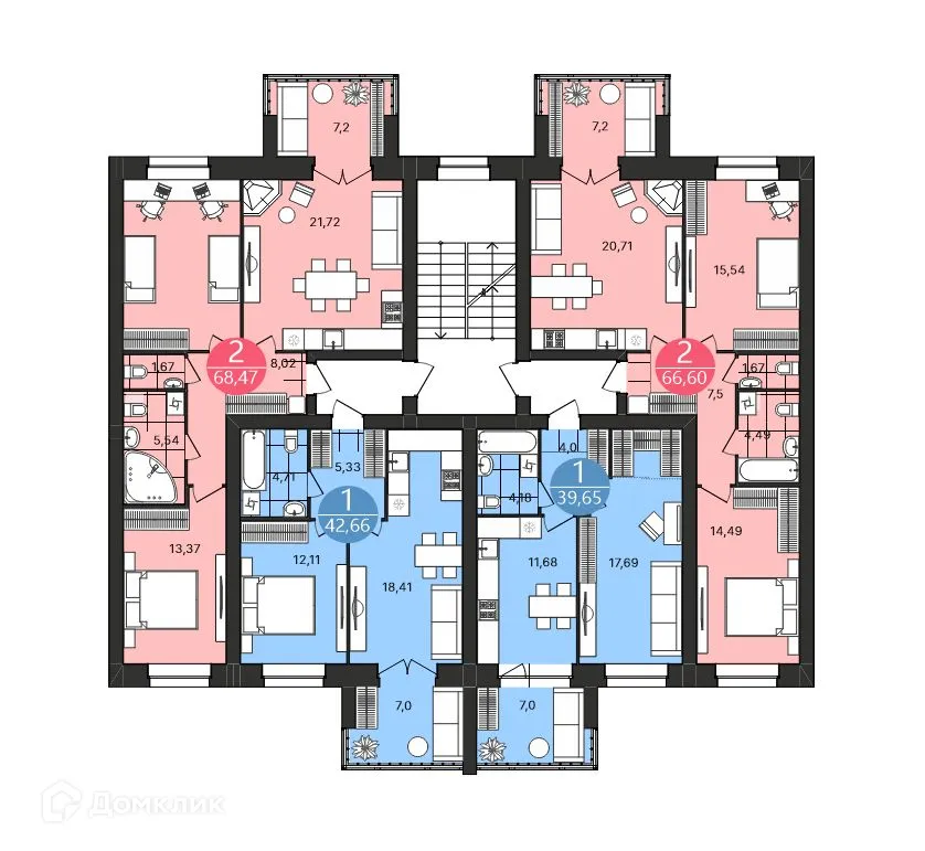Планировка 2-комнатной квартиры 68.47 м² в ЖК Боровики, г. Ярославль — фото 1