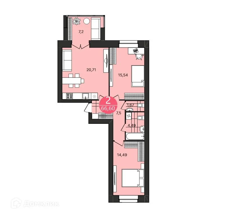 Планировка 2-комнатной квартиры 66.6 м² в ЖК Боровики, г. Ярославль — фото 1
