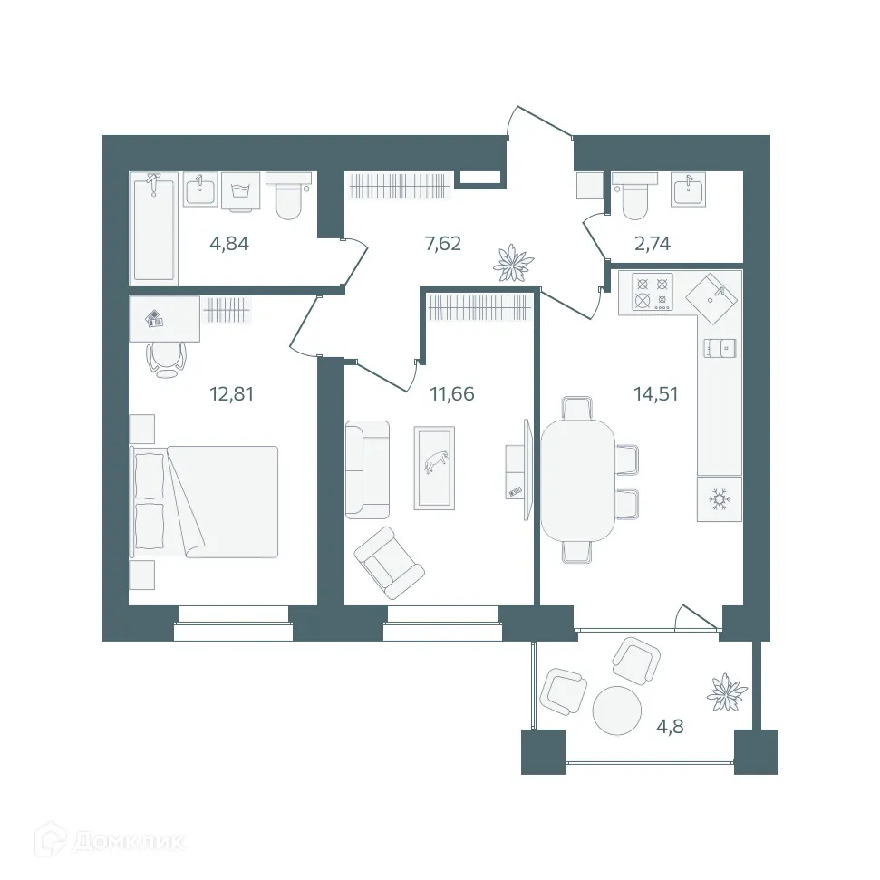 Планировка 2-комнатной квартиры 56.58 м² в ЖК "Волга-Лайф резиденции", г. Ярославль — фото 1