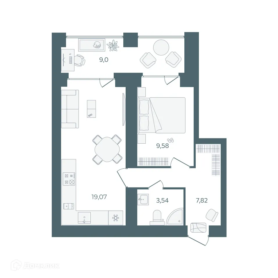 Планировка 1-комнатной квартиры 44.51 м² в ЖК "Волга-Лайф резиденции", г. Ярославль — фото 1