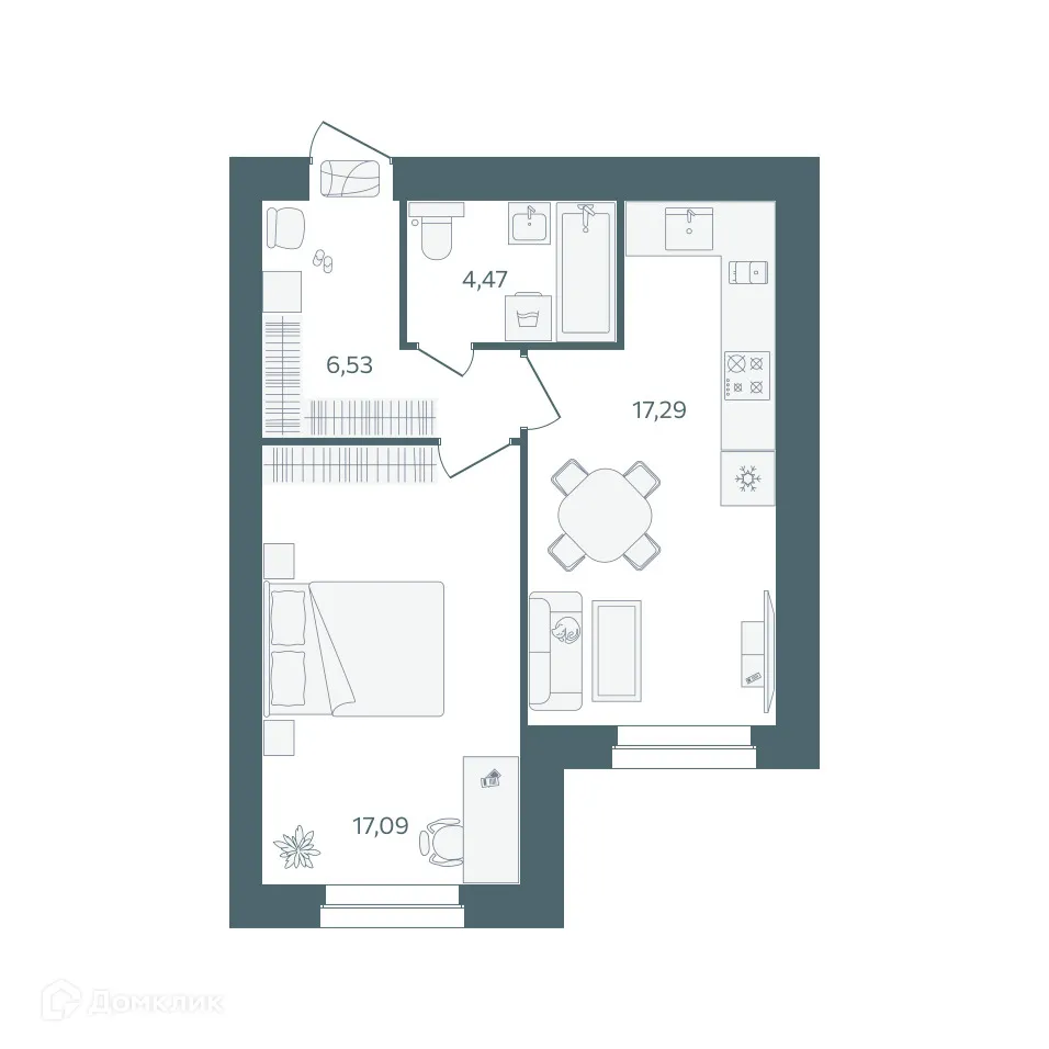 Планировка 1-комнатной квартиры 45.38 м² в ЖК "Волга-Лайф резиденции", г. Ярославль — фото 1
