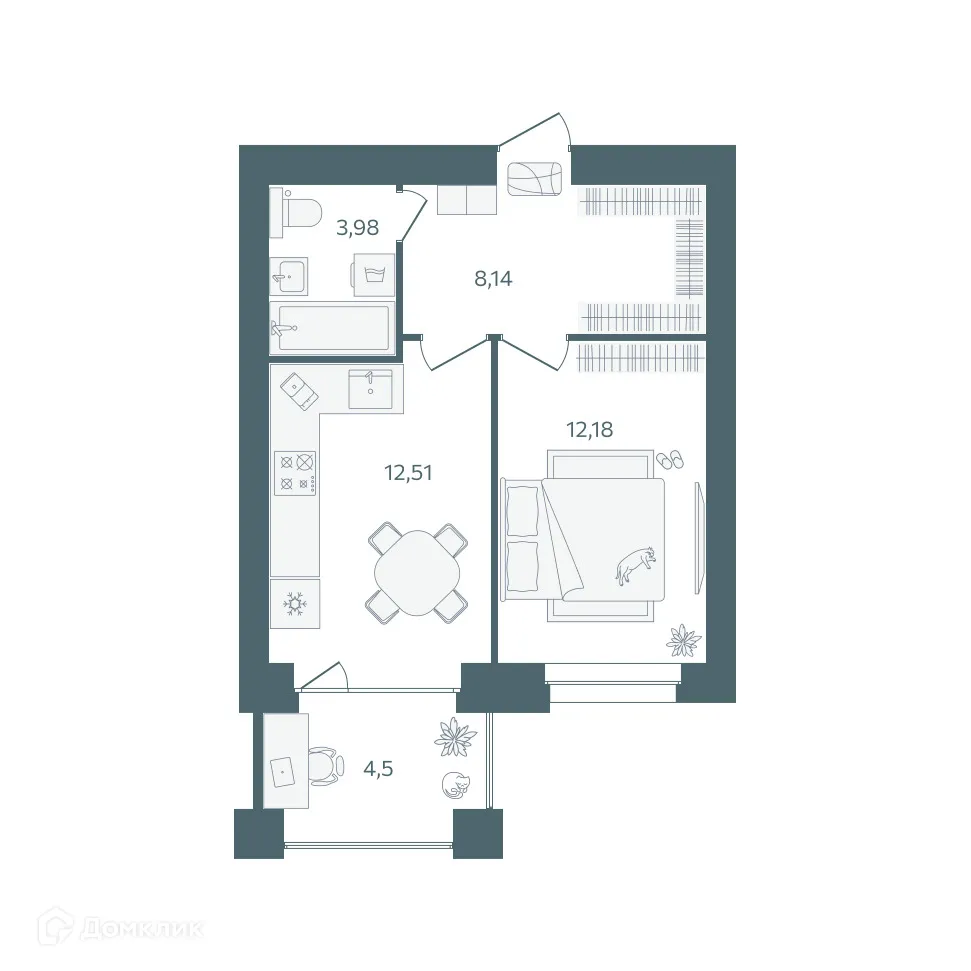 Планировка 1-комнатной квартиры 38.98 м² в ЖК "Волга-Лайф резиденции", г. Ярославль — фото 1