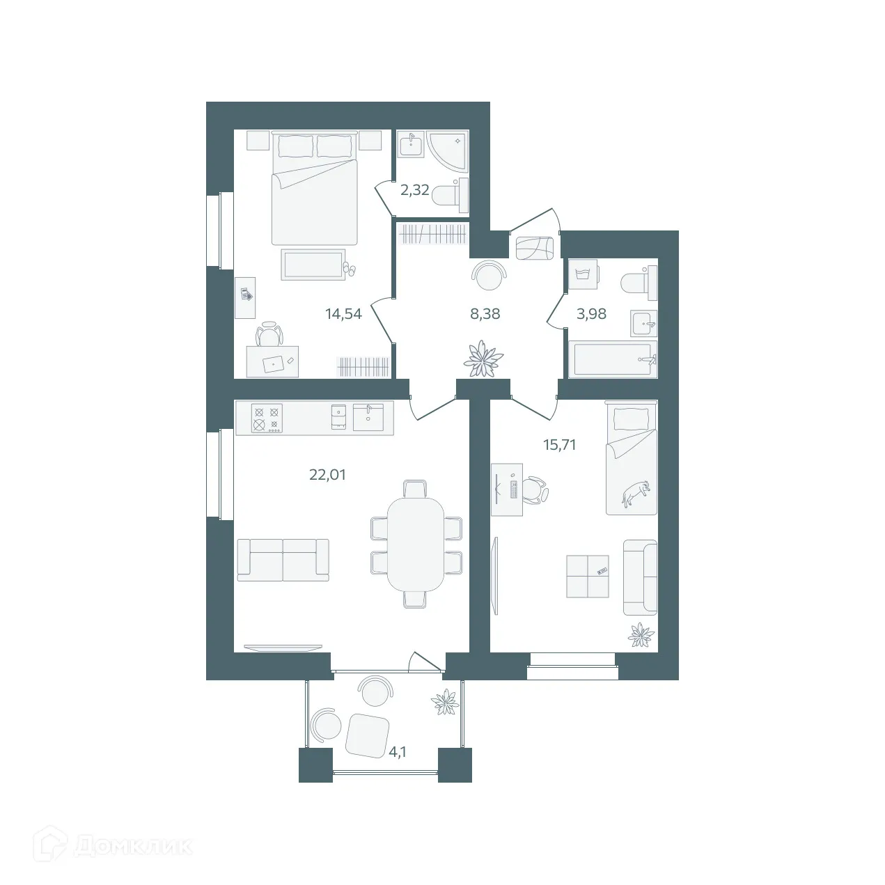 Планировка 2-комнатной квартиры 68.99 м² в ЖК "Волга-Лайф резиденции", г. Ярославль — фото 1