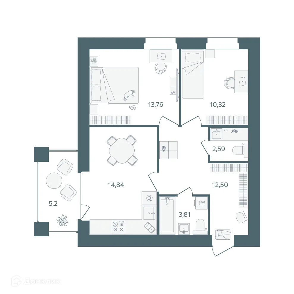 Планировка 2-комнатной квартиры 60.42 м² в ЖК "Волга-Лайф резиденции", г. Ярославль — фото 1