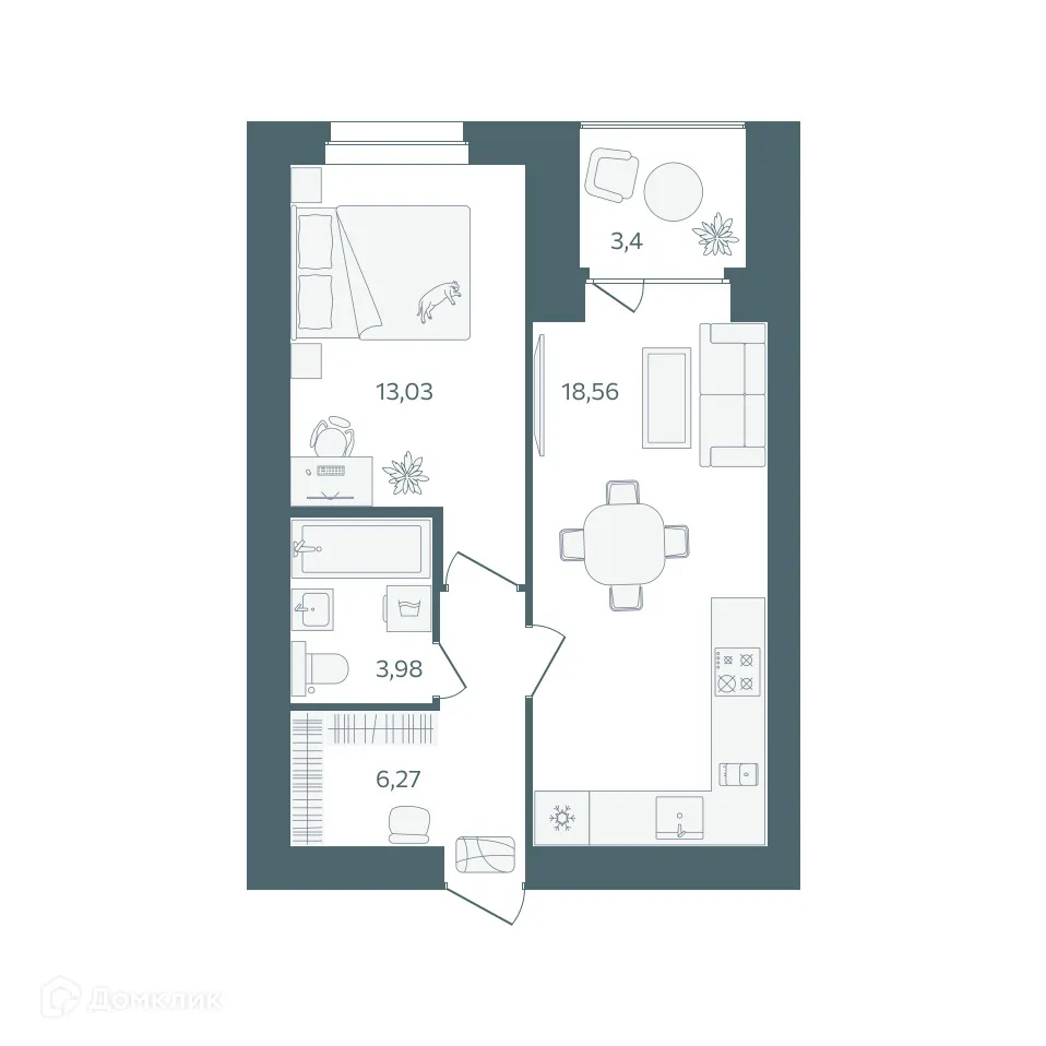 Планировка 1-комнатной квартиры 43.54 м² в ЖК "Волга-Лайф резиденции", г. Ярославль — фото 1