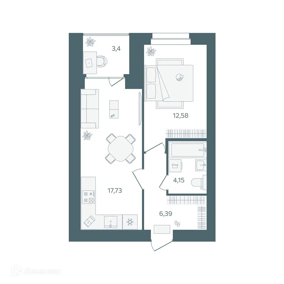 Планировка 1-комнатной квартиры 42.56 м² в ЖК "Волга-Лайф резиденции", г. Ярославль — фото 1