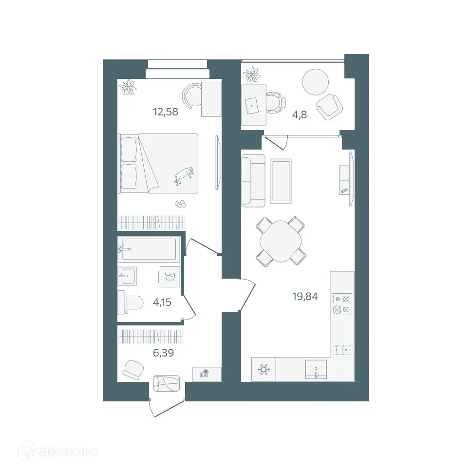 Планировка 1-комнатной квартиры 45.36 м² в ЖК "Волга-Лайф резиденции", г. Ярославль — фото 1