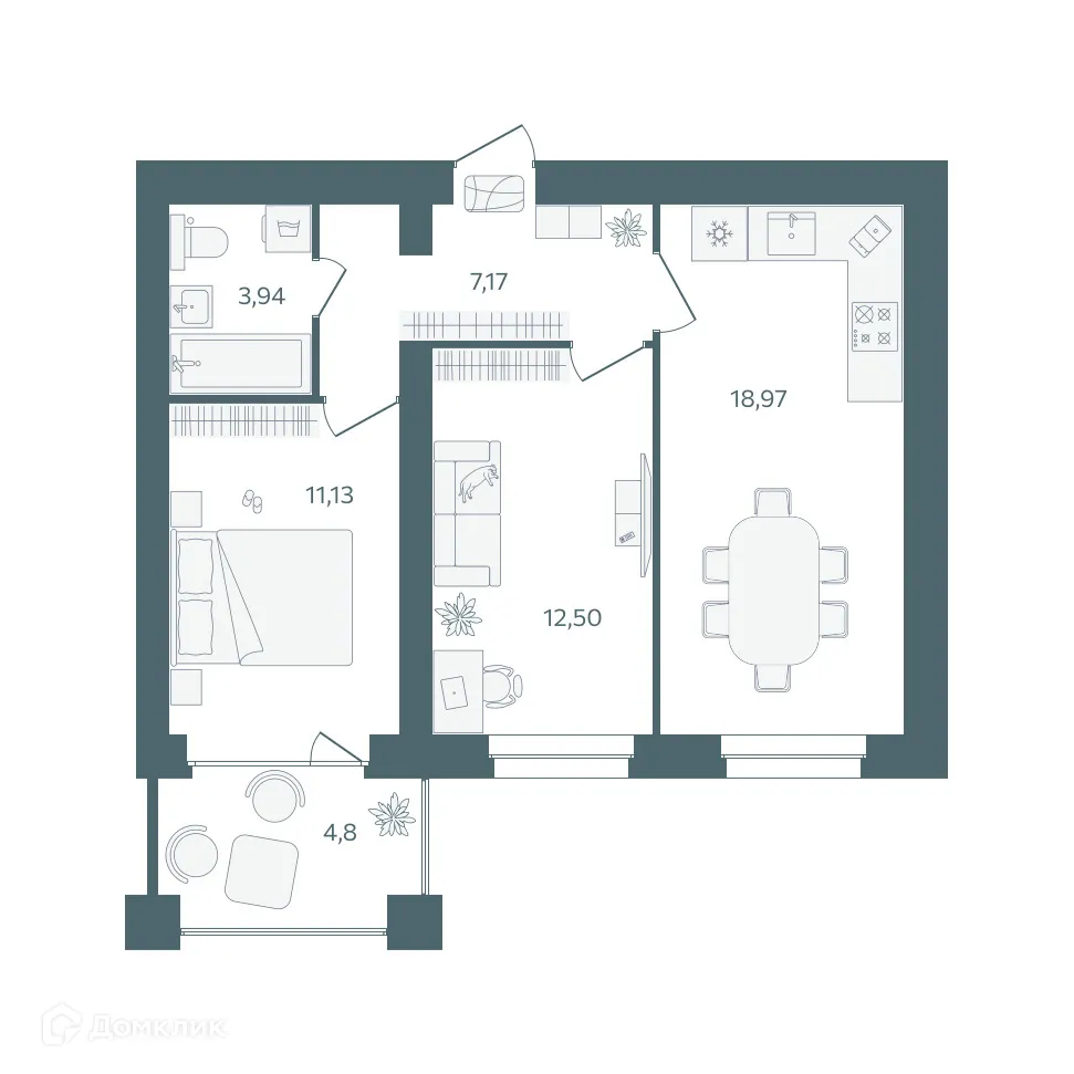 Планировка 2-комнатной квартиры 56.15 м² в ЖК "Волга-Лайф резиденции", г. Ярославль — фото 1