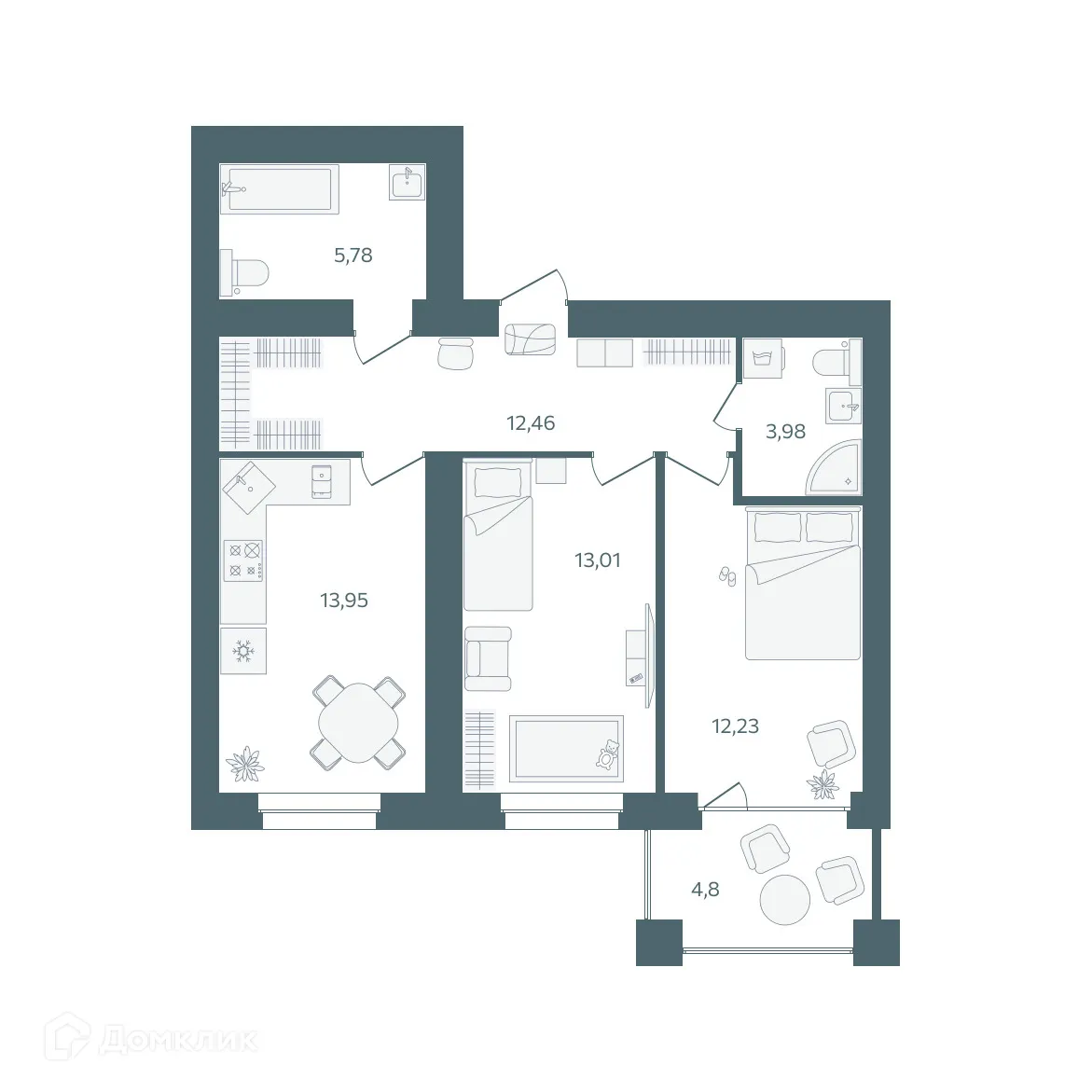 Планировка 2-комнатной квартиры 63.81 м² в ЖК "Волга-Лайф резиденции", г. Ярославль — фото 1