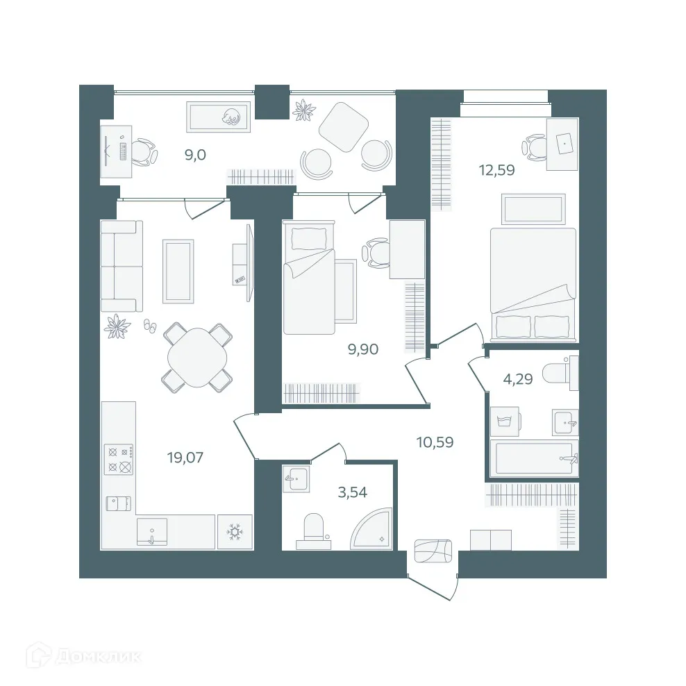 Планировка 2-комнатной квартиры 64.48 м² в ЖК "Волга-Лайф резиденции", г. Ярославль — фото 1