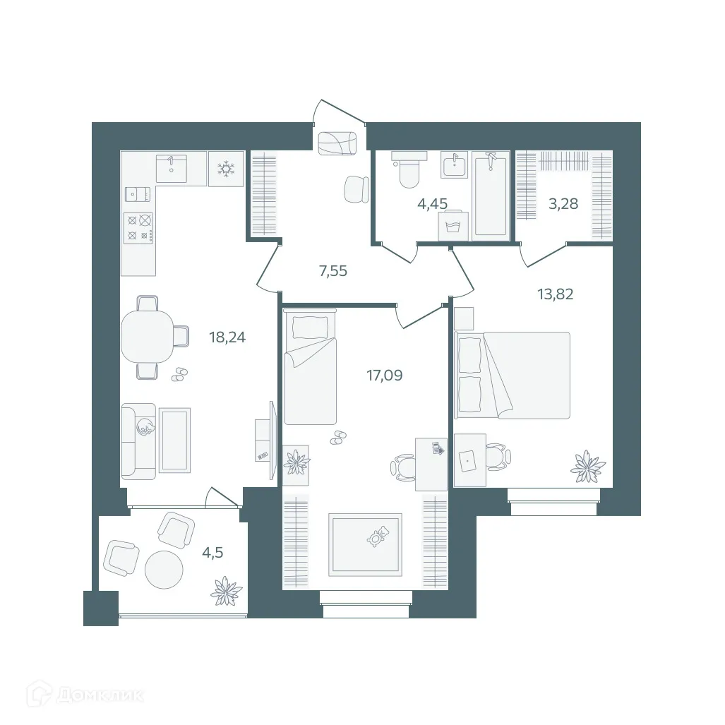 Планировка 2-комнатной квартиры 66.68 м² в ЖК "Волга-Лайф резиденции", г. Ярославль — фото 1