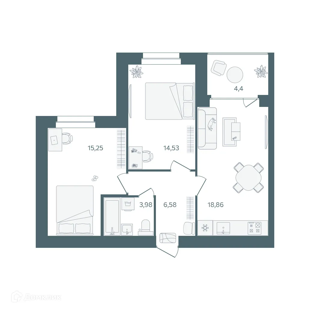 Планировка 2-комнатной квартиры 61.4 м² в ЖК "Волга-Лайф резиденции", г. Ярославль — фото 1