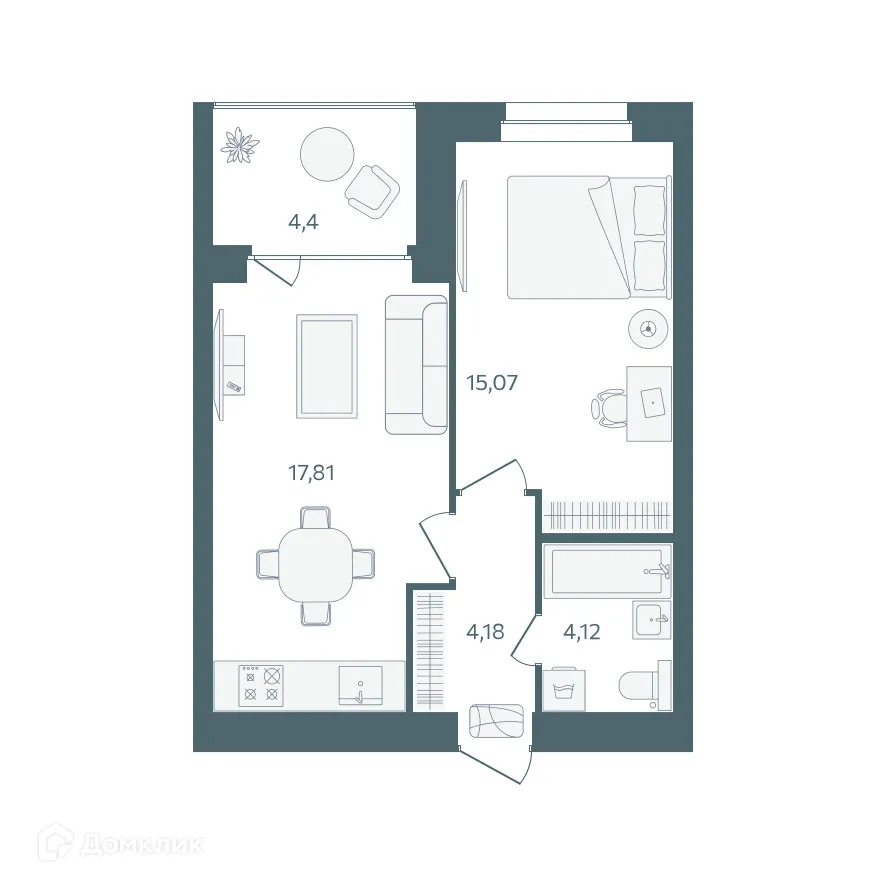 Планировка 1-комнатной квартиры 43.38 м² в ЖК "Волга-Лайф резиденции", г. Ярославль — фото 1