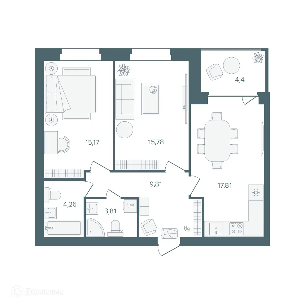 Планировка 2-комнатной квартиры 68.84 м² в ЖК "Волга-Лайф резиденции", г. Ярославль — фото 1