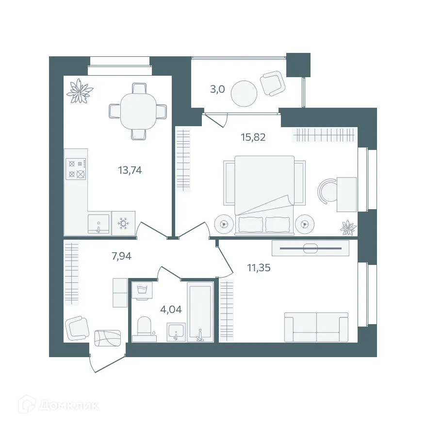 Планировка 2-комнатной квартиры 54.39 м² в ЖК "Волга-Лайф резиденции", г. Ярославль — фото 1