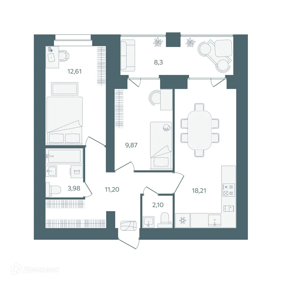 Планировка 2-комнатной квартиры 62.12 м² в ЖК "Волга-Лайф резиденции", г. Ярославль — фото 1