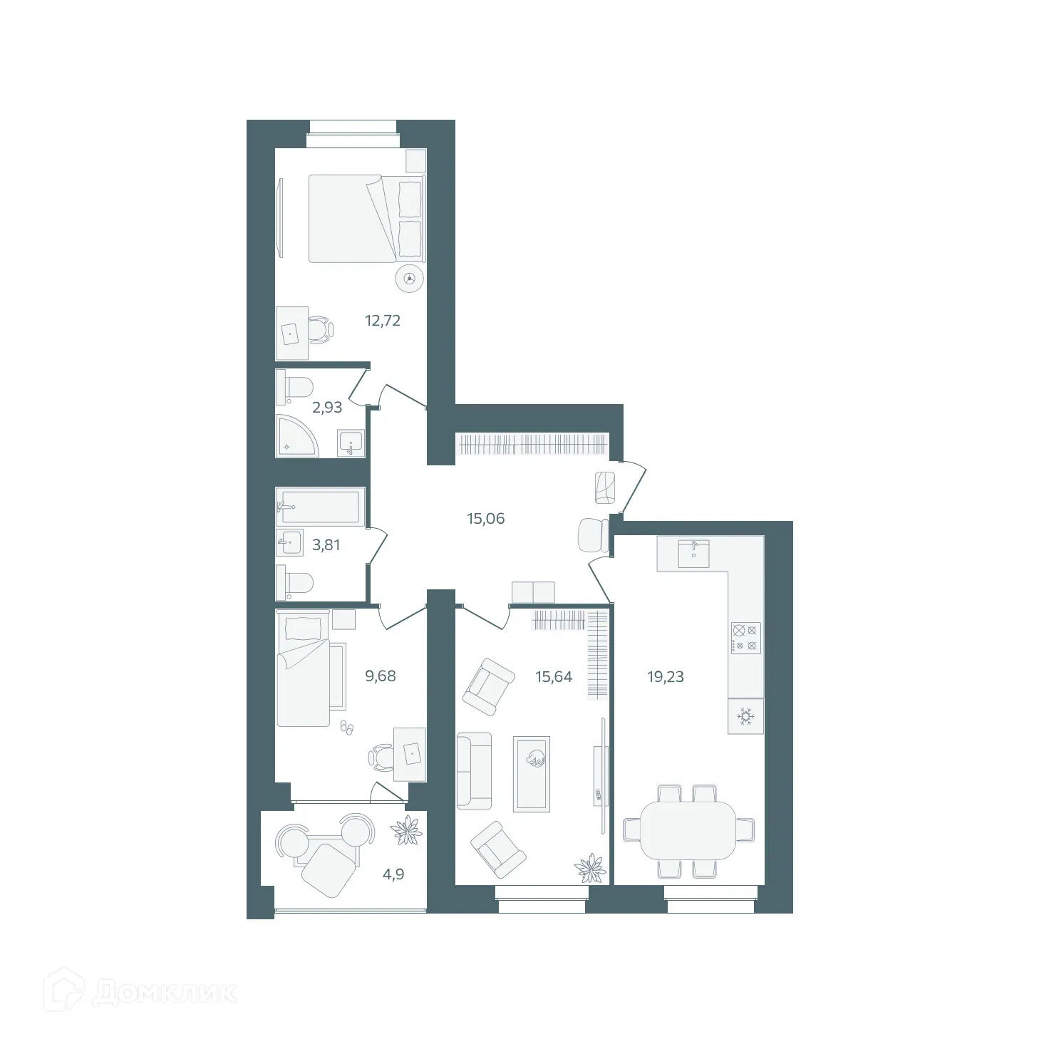 Планировка 3-комнатной квартиры 81.52 м² в ЖК "Волга-Лайф резиденции", г. Ярославль — фото 1