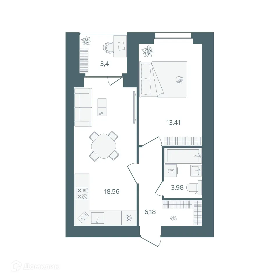 Планировка 1-комнатной квартиры 43.83 м² в ЖК "Волга-Лайф резиденции", г. Ярославль — фото 1