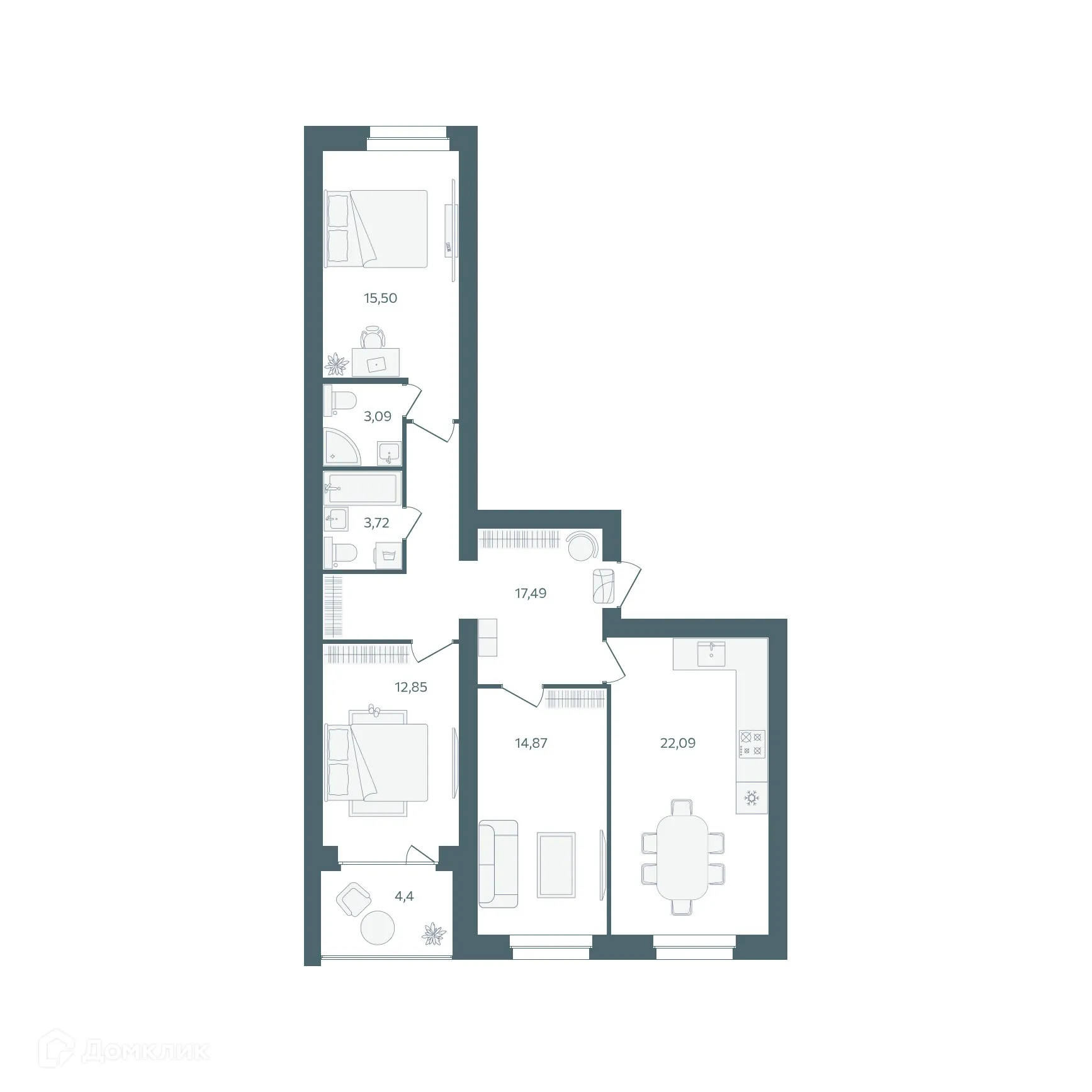 Планировка 3-комнатной квартиры 91.81 м² в ЖК "Волга-Лайф резиденции", г. Ярославль — фото 1