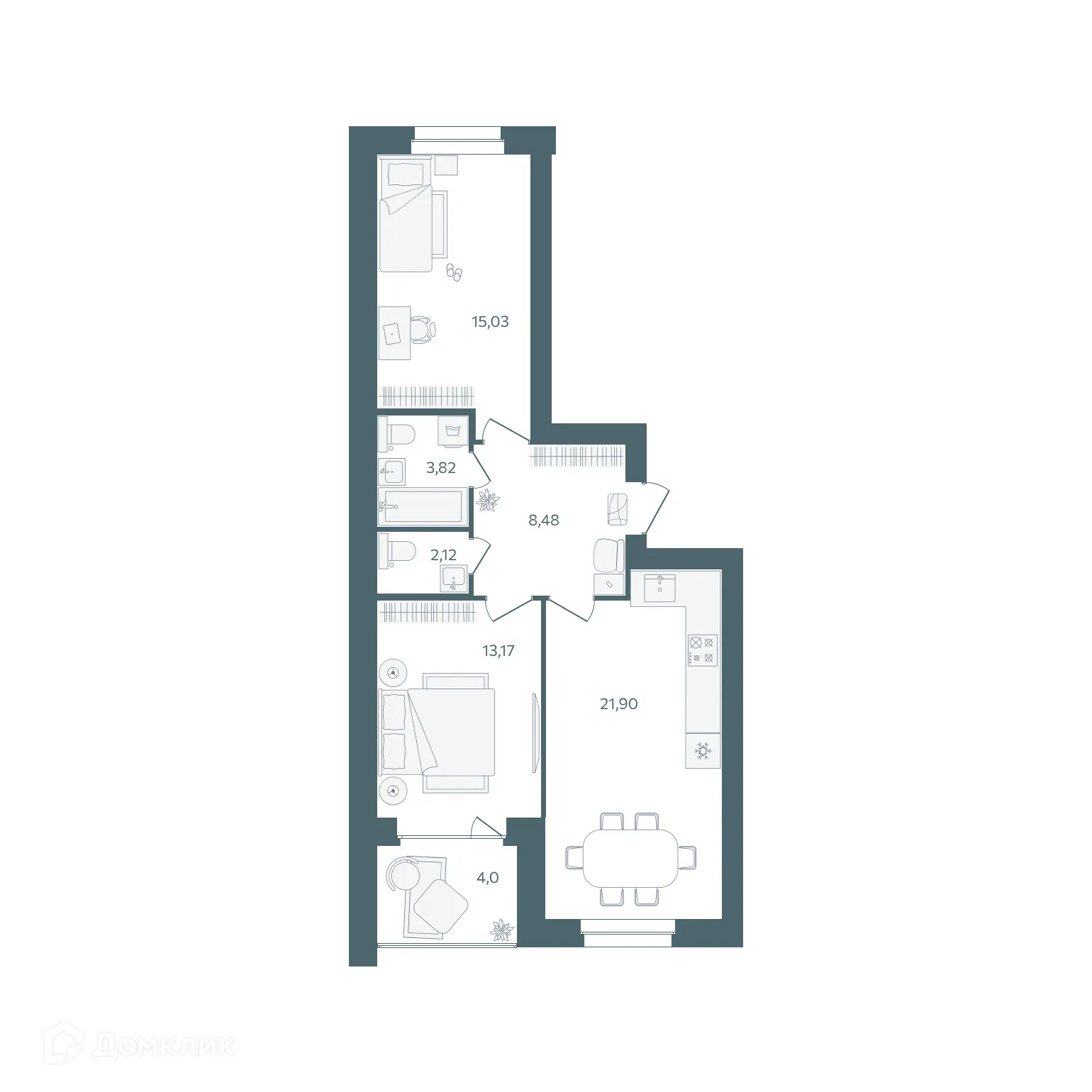 Планировка 2-комнатной квартиры 66.52 м² в ЖК "Волга-Лайф резиденции", г. Ярославль — фото 1